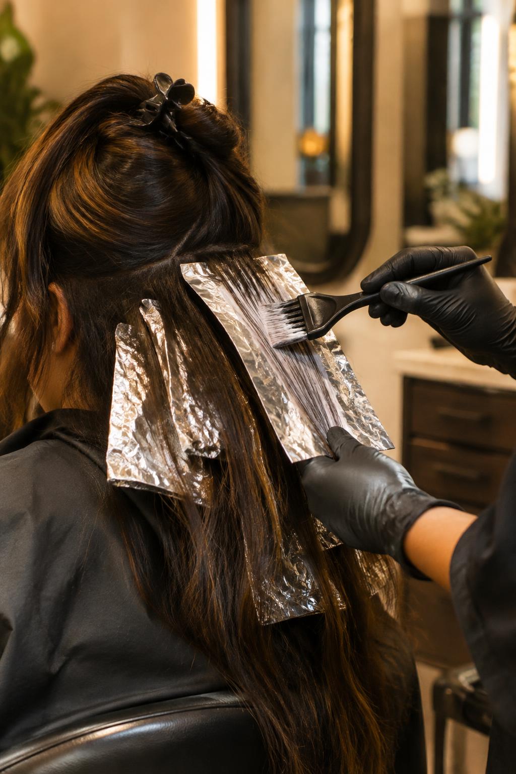 Illustrative photograph of balayage colour being applied to dark hair