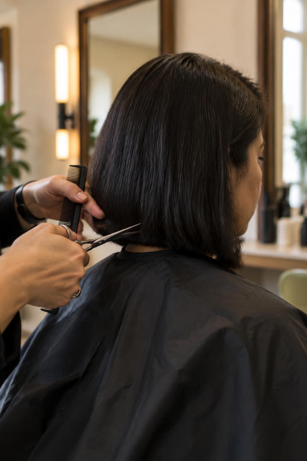 Illustrative photograph of a precision bob haircut on an Indian client